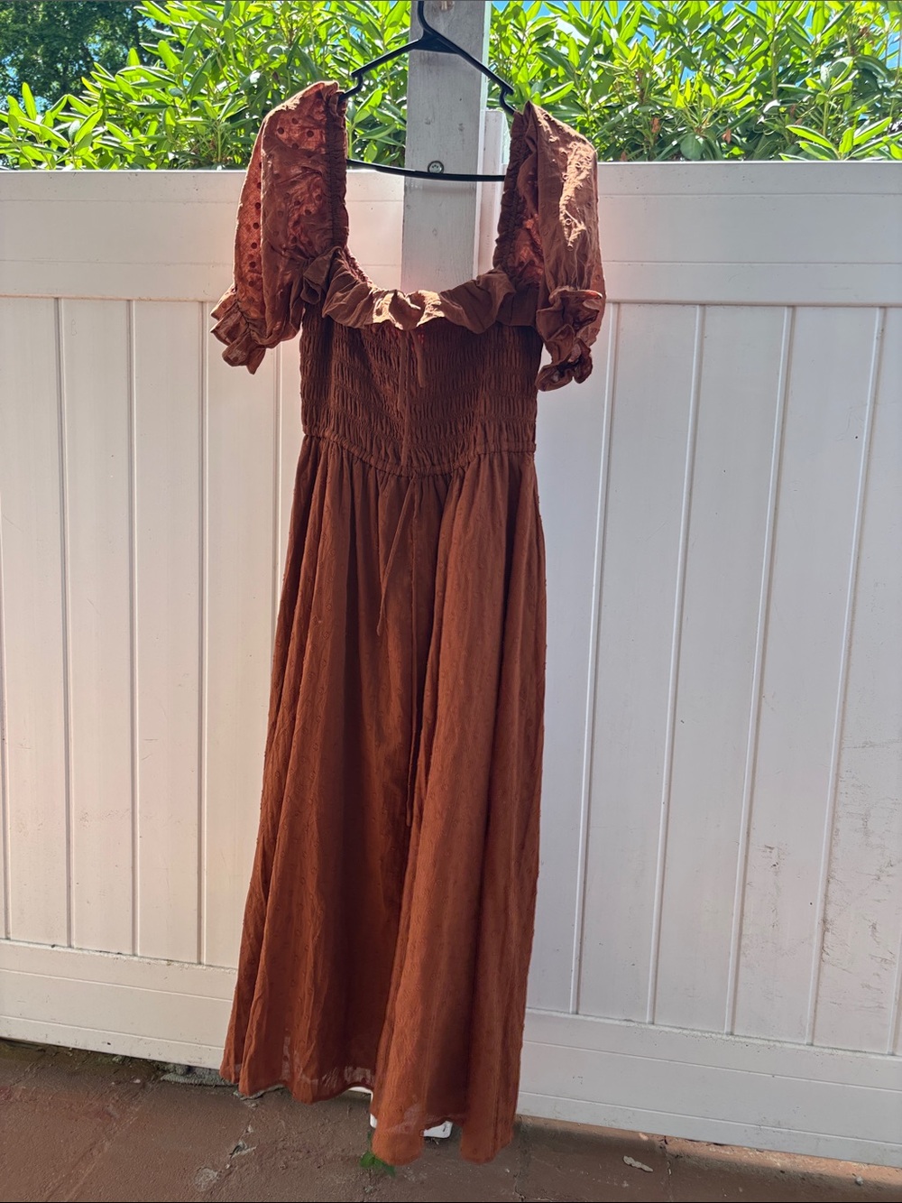 Rust Brown Smocked Maxi Dress with Puff Sleeves
